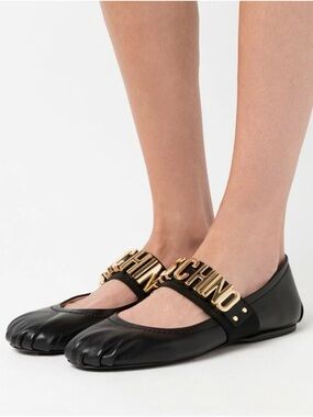 Moschino Black Leather Mary Jane Flats with Gold Logo Strap